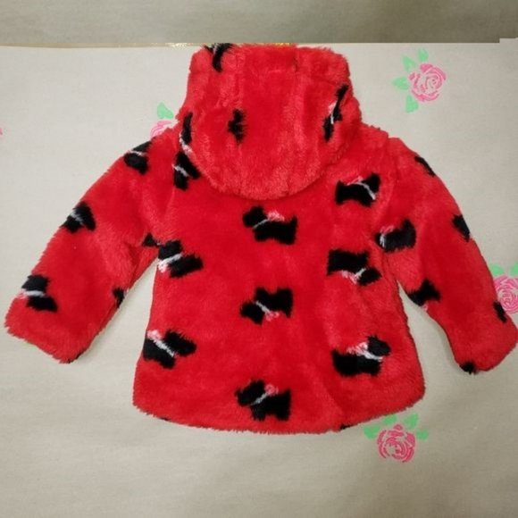 B.T. KIDS RED WITH BLACK SPOTS FAUX FUR JACKET WITH SCOTTISH TERRIERS SIZE 3T - Picture 3 of 8